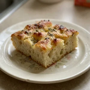 Top-down look at a round focaccia topped with rosemary leaves and coarse salt, golden brown with olive oil sheen.