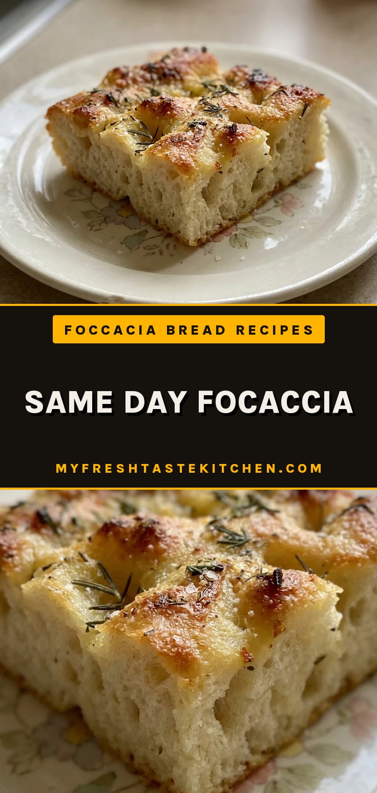Top-down look at a round focaccia topped with rosemary leaves and coarse salt, golden brown with olive oil sheen.