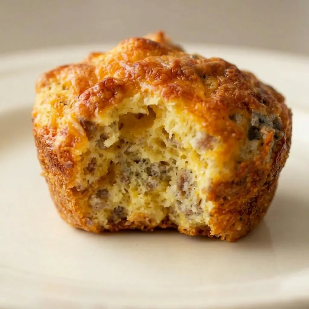 Zoomed in on a sausage breakfast muffin showing browned sausage, egg, and cheddar cheese.