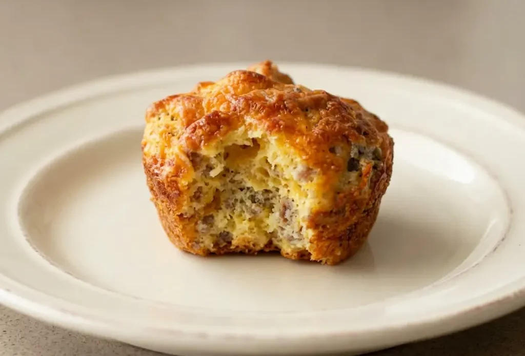 Bird's-eye view of two sausage breakfast muffins with cheddar cheese melted on top.