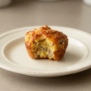 Bird's-eye view of two sausage breakfast muffins with cheddar cheese melted on top.