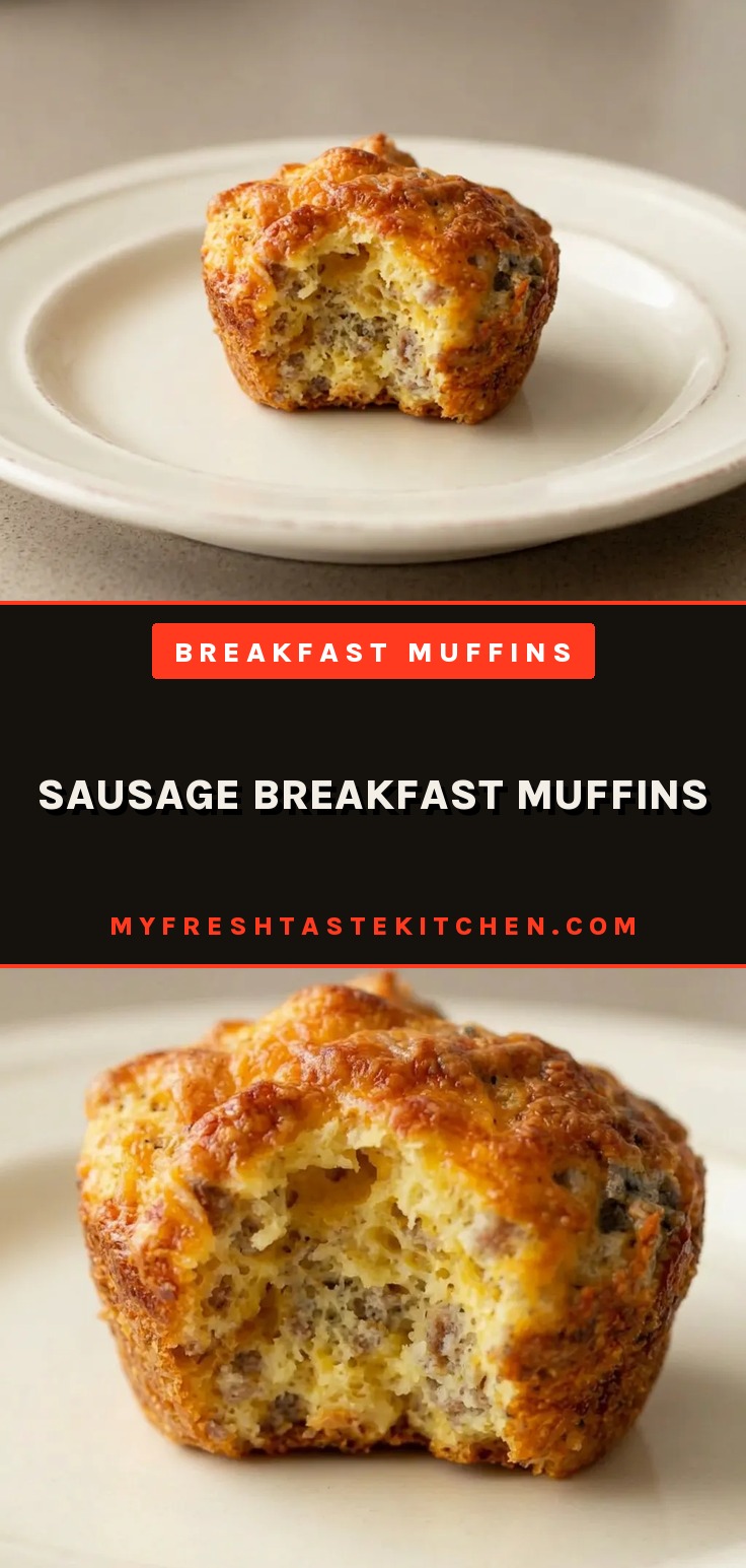 Bird's-eye view of two sausage breakfast muffins with cheddar cheese melted on top.