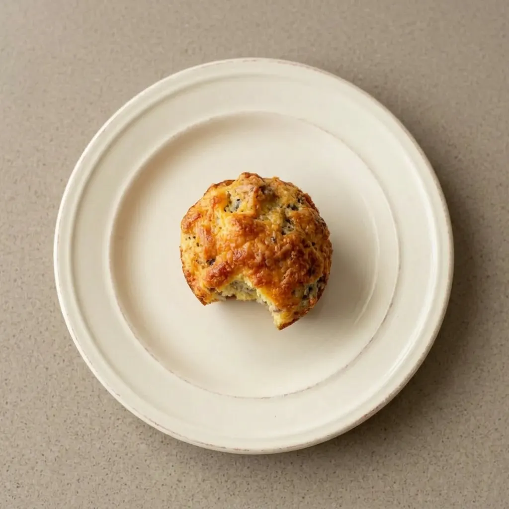 Ready to serve: a sausage breakfast muffin with visible egg, sausage, and cheddar cheese.