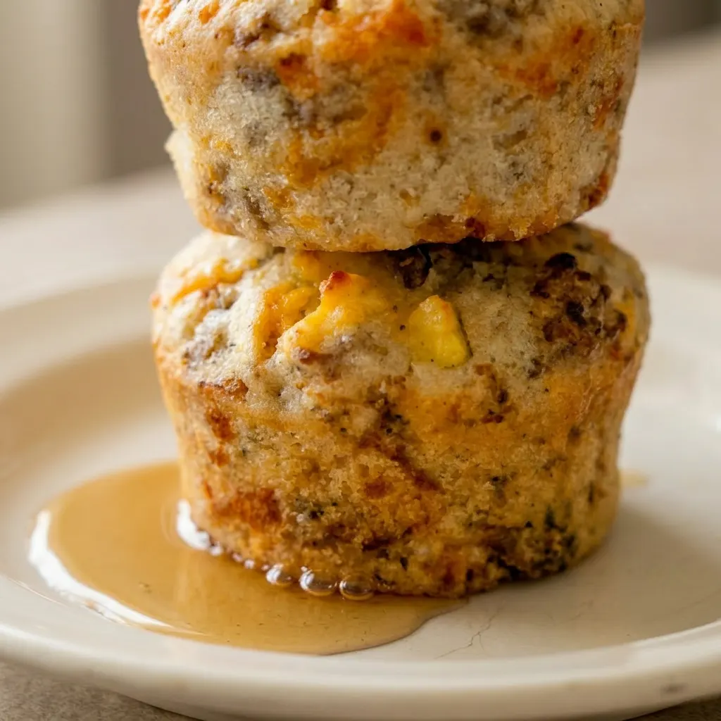 Zoomed in on a single sausage McGriddle muffin, showing layers of fluffy pancake, savory sausage, gooey cheese, and maple syrup glistening.