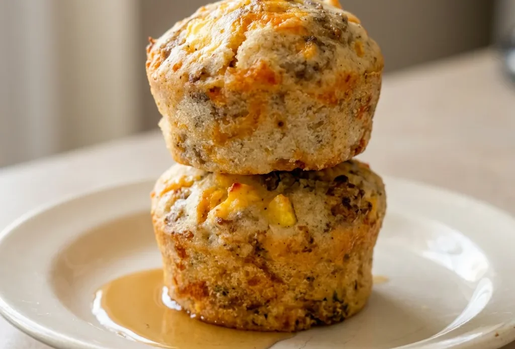 Bird's-eye view of two golden brown muffin-shaped pancake buns with sausage patties and melted cheddar cheese, topped with a drizzle of maple syrup.