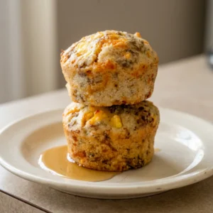 Bird's-eye view of two golden brown muffin-shaped pancake buns with sausage patties and melted cheddar cheese, topped with a drizzle of maple syrup.