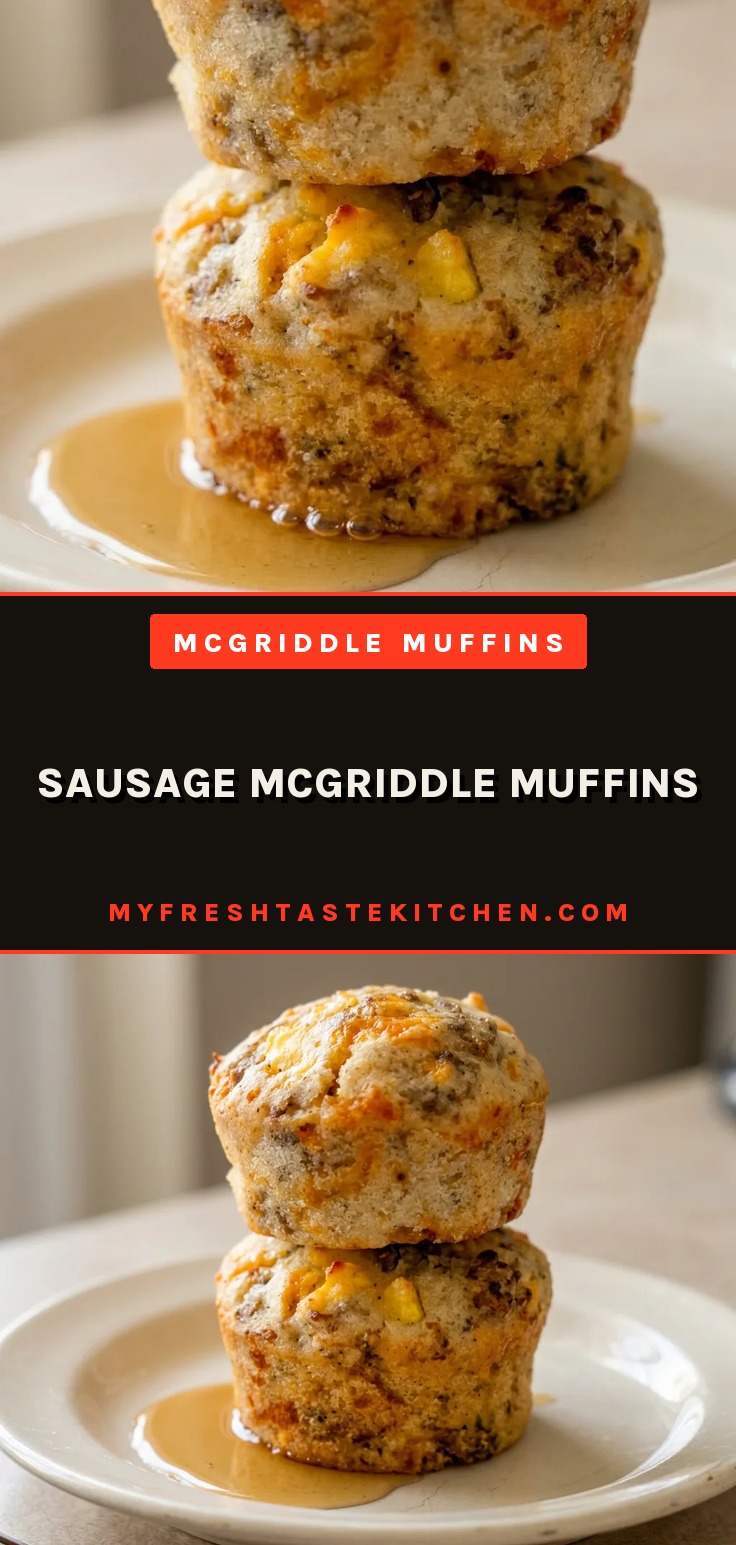 Bird's-eye view of two golden brown muffin-shaped pancake buns with sausage patties and melted cheddar cheese, topped with a drizzle of maple syrup.