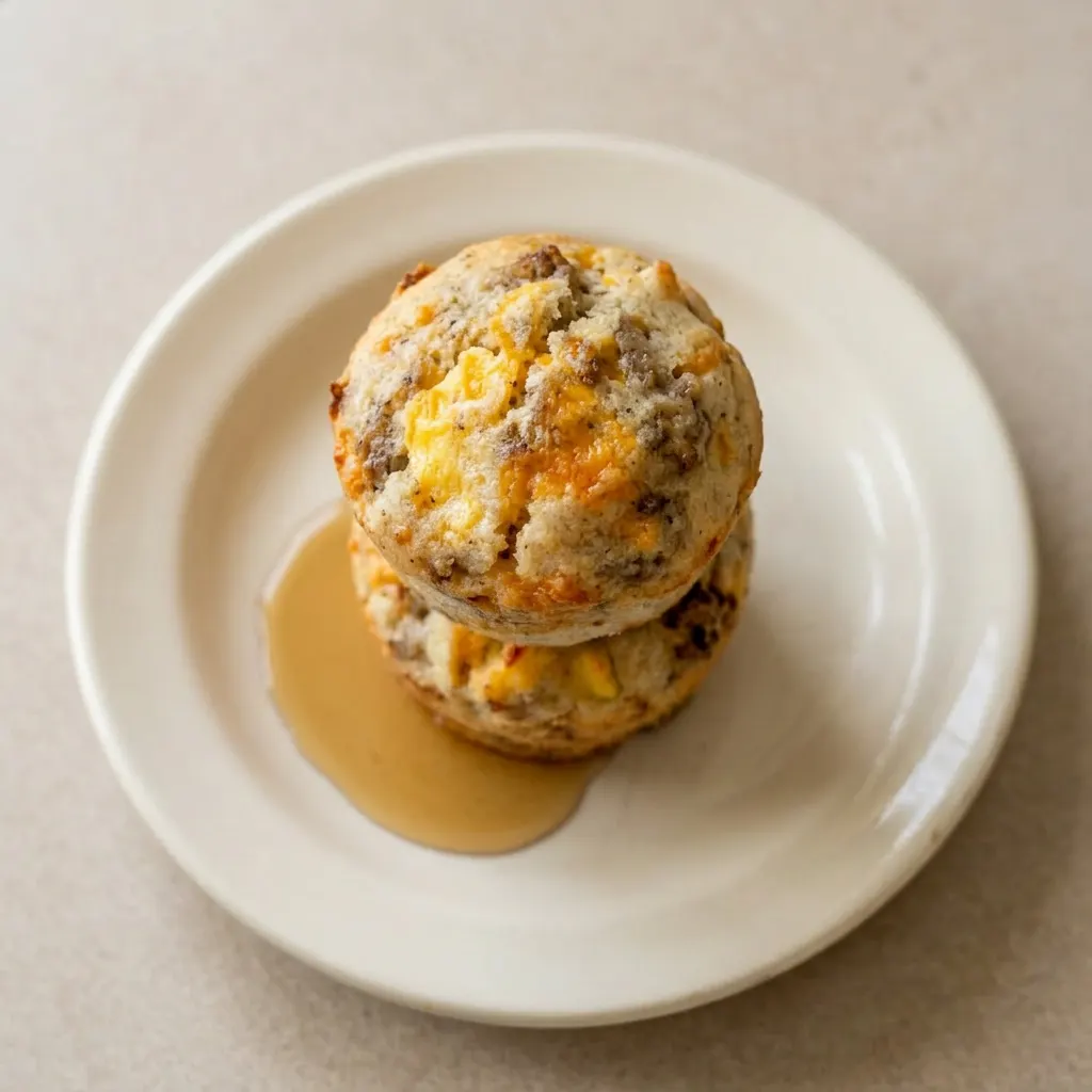 Ready to serve: a stack of three sausage McGriddle muffins, each with a crispy sausage patty and melted cheese, drizzled with maple syrup.