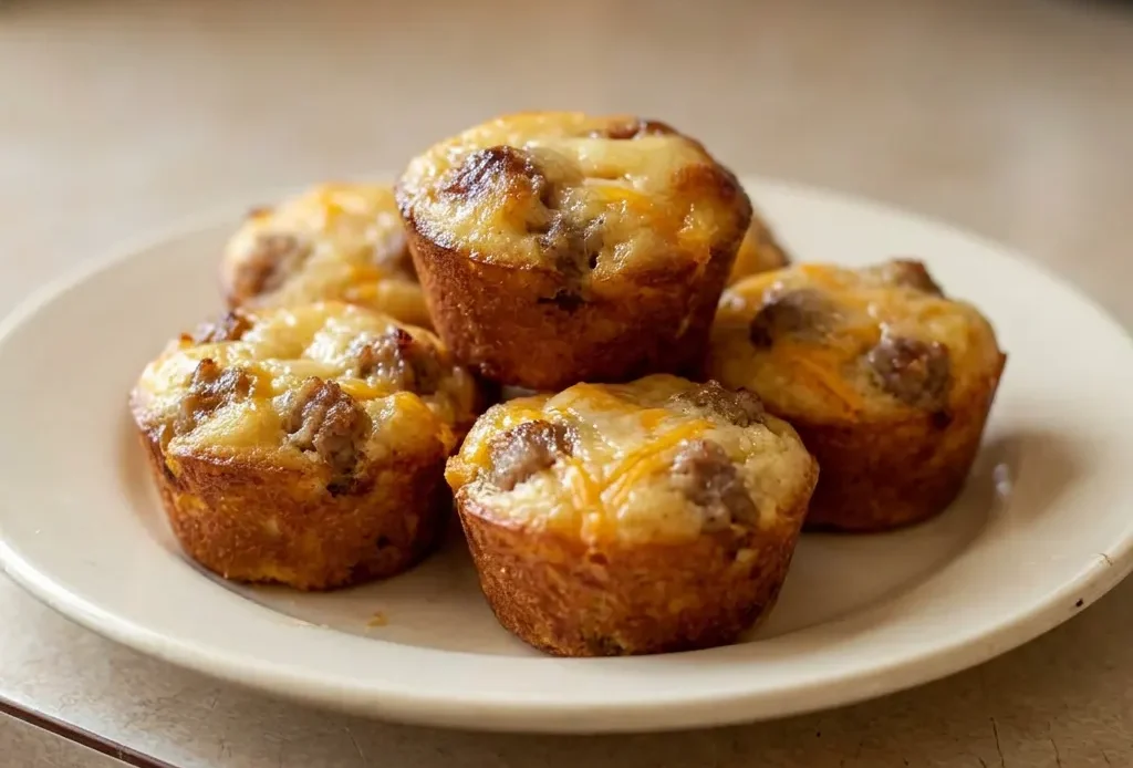 Bird's-eye view of three pancake bites topped with cheddar cheese and maple syrup, each with a sausage piece inside.
