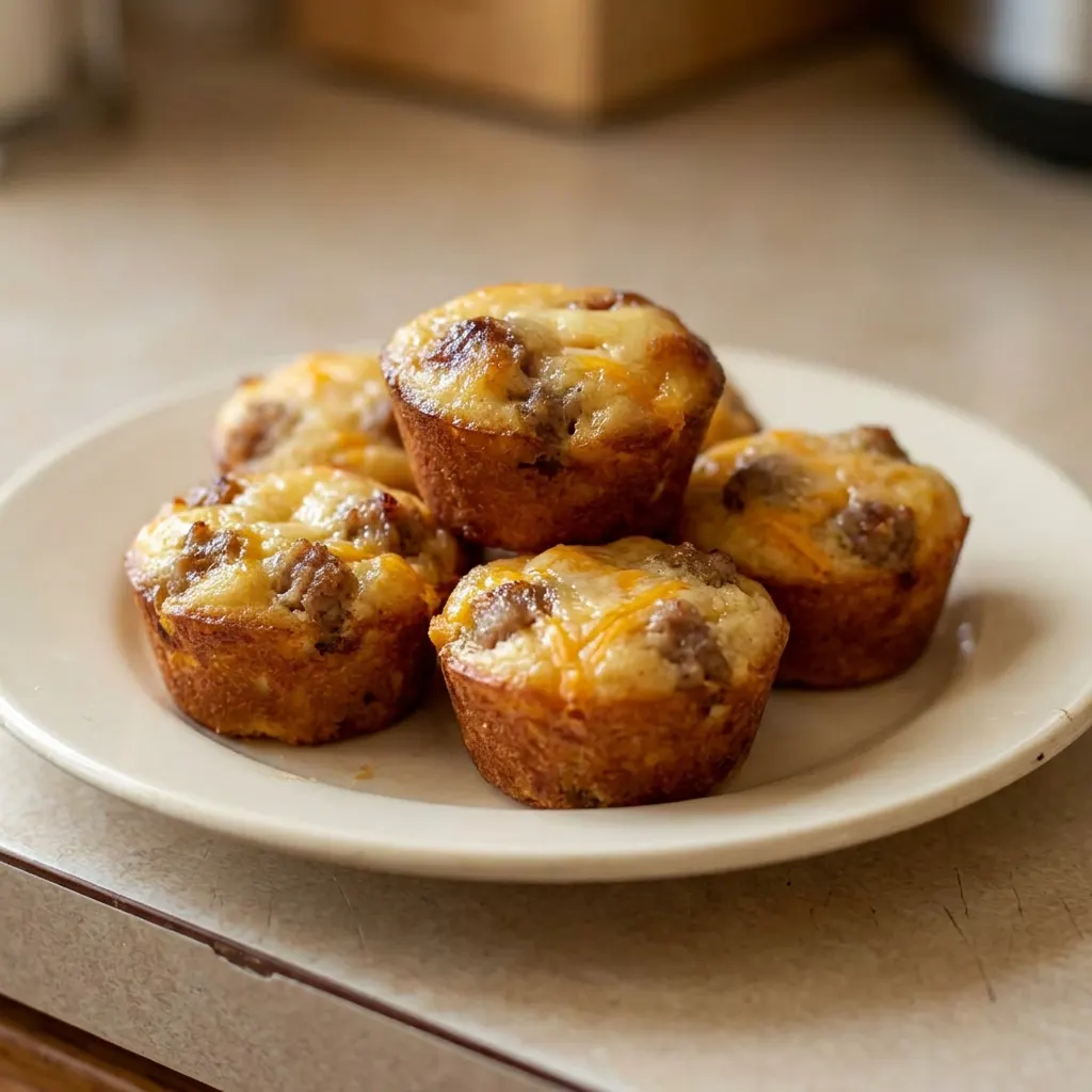 Bird's-eye view of three pancake bites topped with cheddar cheese and maple syrup, each with a sausage piece inside.
