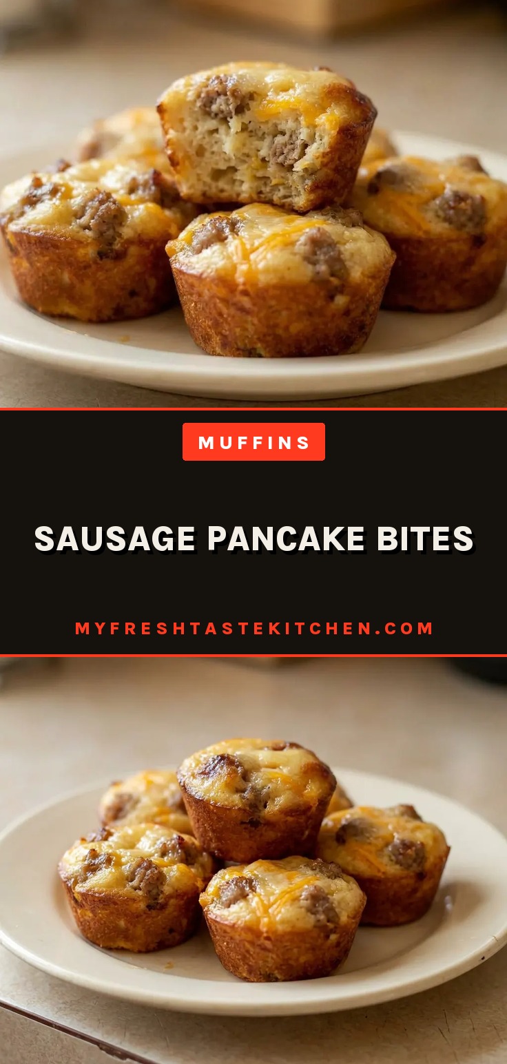 Bird's-eye view of three pancake bites topped with cheddar cheese and maple syrup, each with a sausage piece inside.