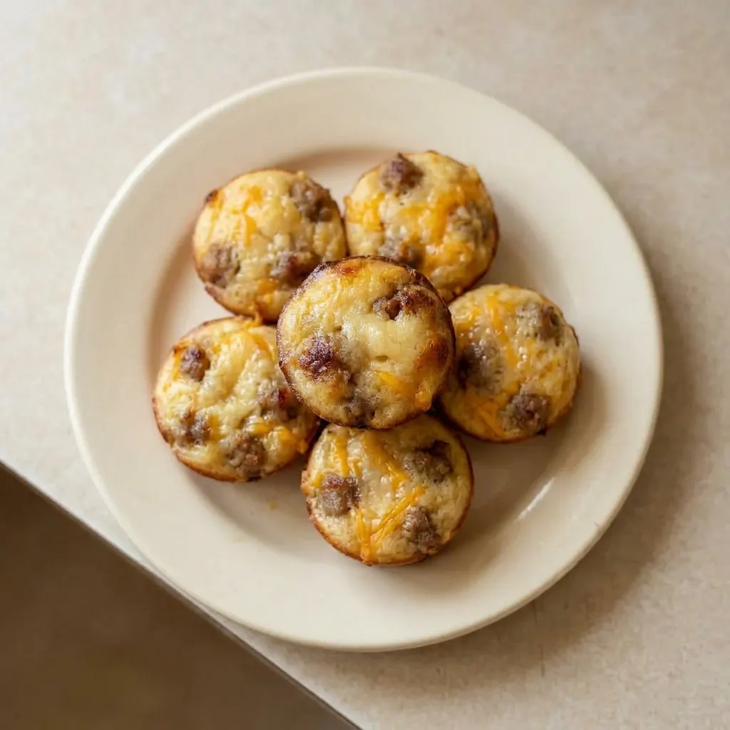 Ready to serve: a stack of pancake bites with visible sausage and cheddar cheese, finished with a maple syrup glaze.