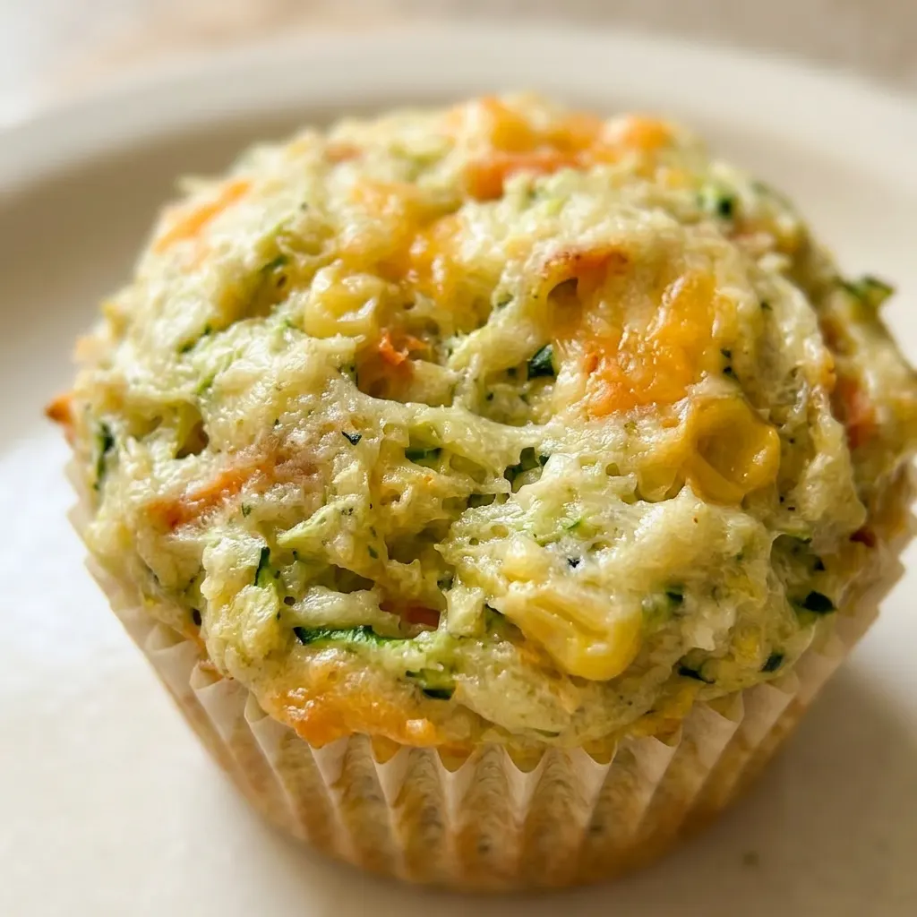 Macro detail of a savory muffin showing visible chunks of zucchini, carrot, and corn, with cheddar cheese and herb flecks.
