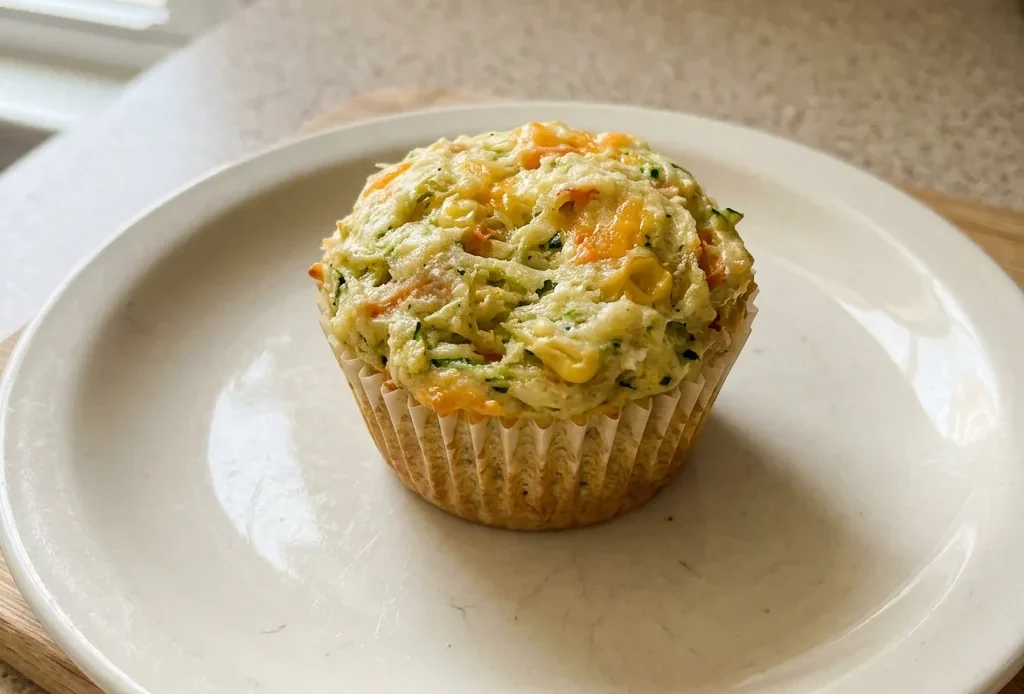 Top-down look at a savory muffin with shredded zucchini, carrot, corn, and melted cheddar cheese, topped with rosemary and dill.