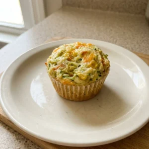 Top-down look at a savory muffin with shredded zucchini, carrot, corn, and melted cheddar cheese, topped with rosemary and dill.