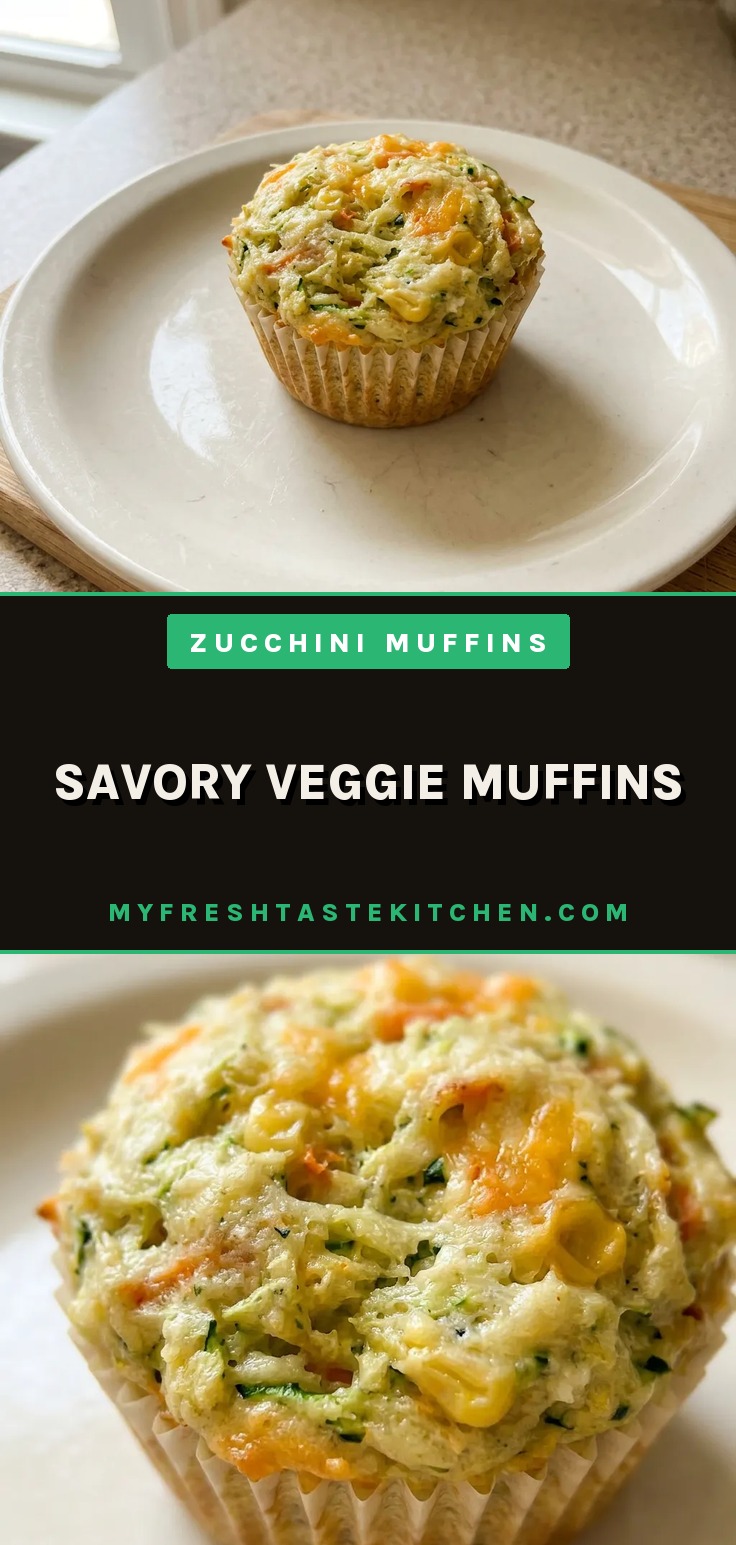 Top-down look at a savory muffin with shredded zucchini, carrot, corn, and melted cheddar cheese, topped with rosemary and dill.
