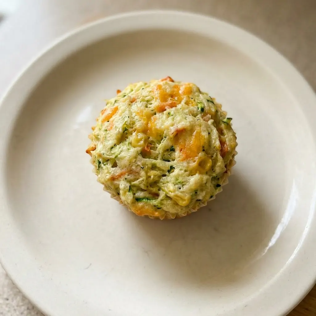 A serving of a savory muffin with a golden top, studded with zucchini, carrot, corn, cheddar cheese, and fresh rosemary and dill.