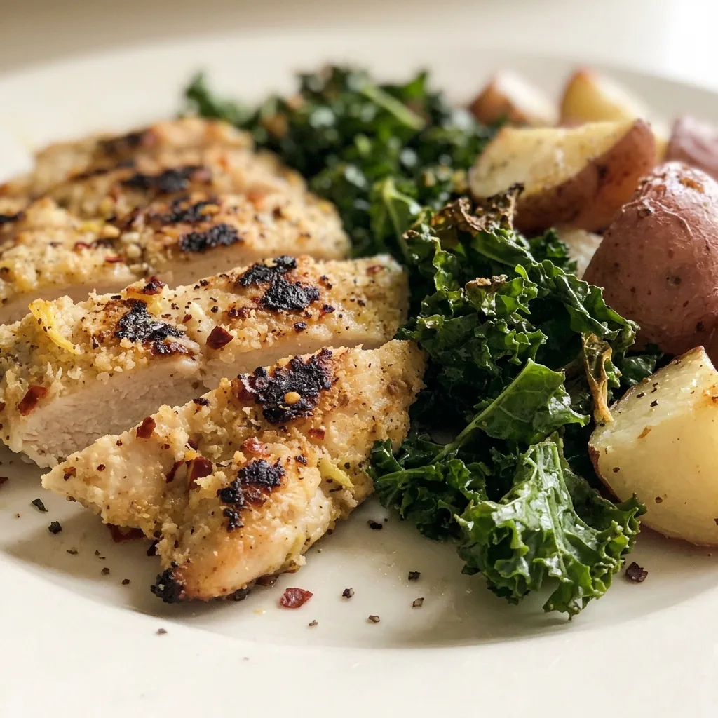 Up close, a piece of golden chicken skin with garlic cloves, wilted kale, and a potato wedge dusted with parmesan and a lemon wedge.