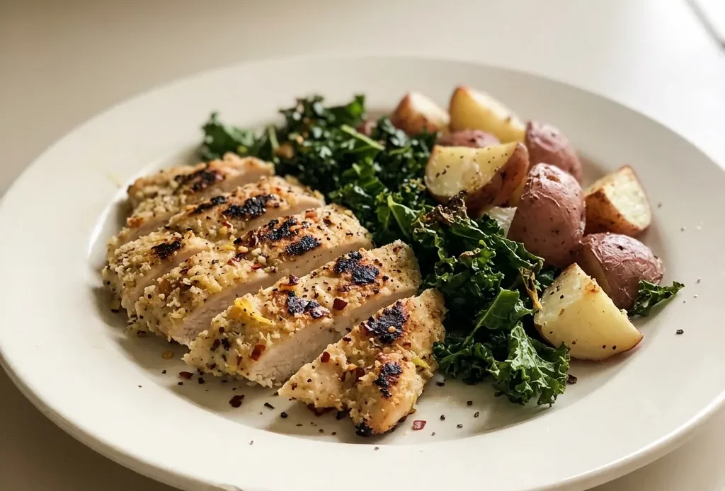 Looking down at a serving of roasted chicken, kale, and potato wedges topped with grated parmesan and lemon slices.