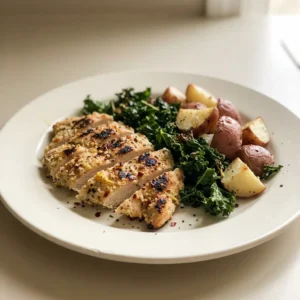 Looking down at a serving of roasted chicken, kale, and potato wedges topped with grated parmesan and lemon slices.