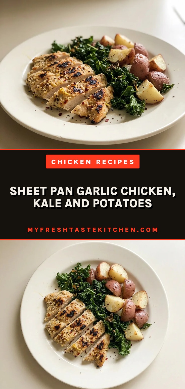 Looking down at a serving of roasted chicken, kale, and potato wedges topped with grated parmesan and lemon slices.