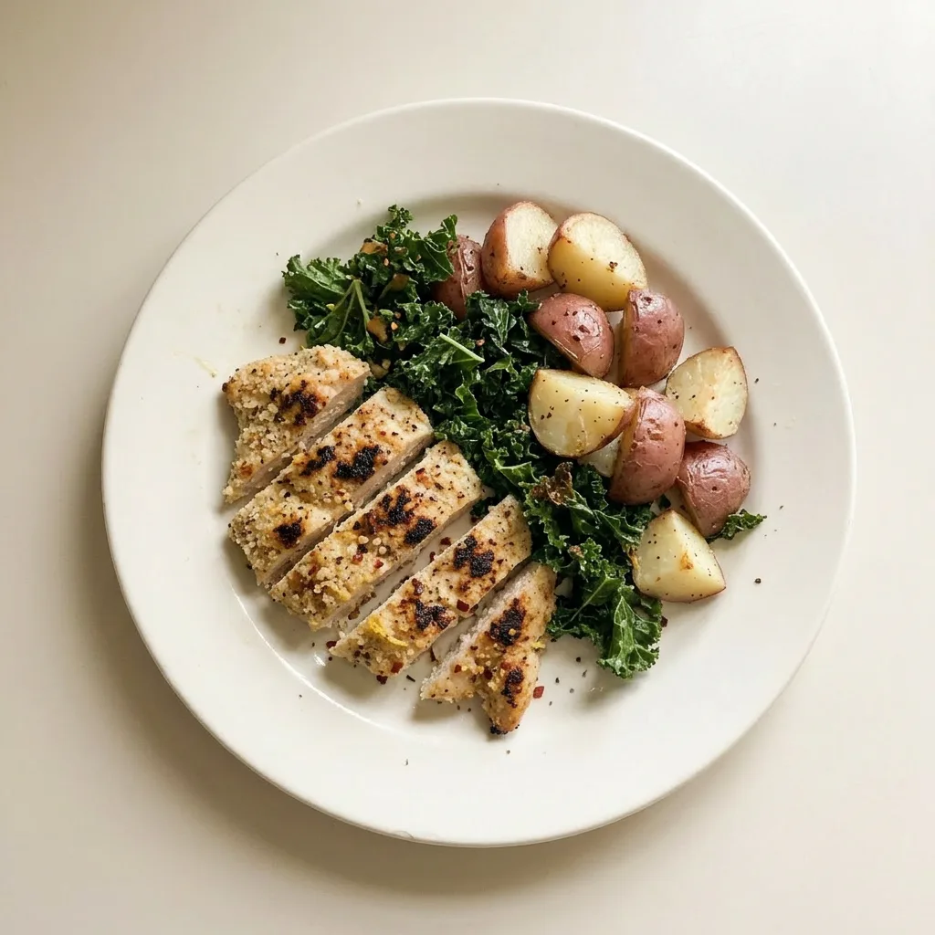 A plate of roasted chicken thigh, sautéed kale, and crispy potato wedges finished with lemon zest and shaved parmesan.