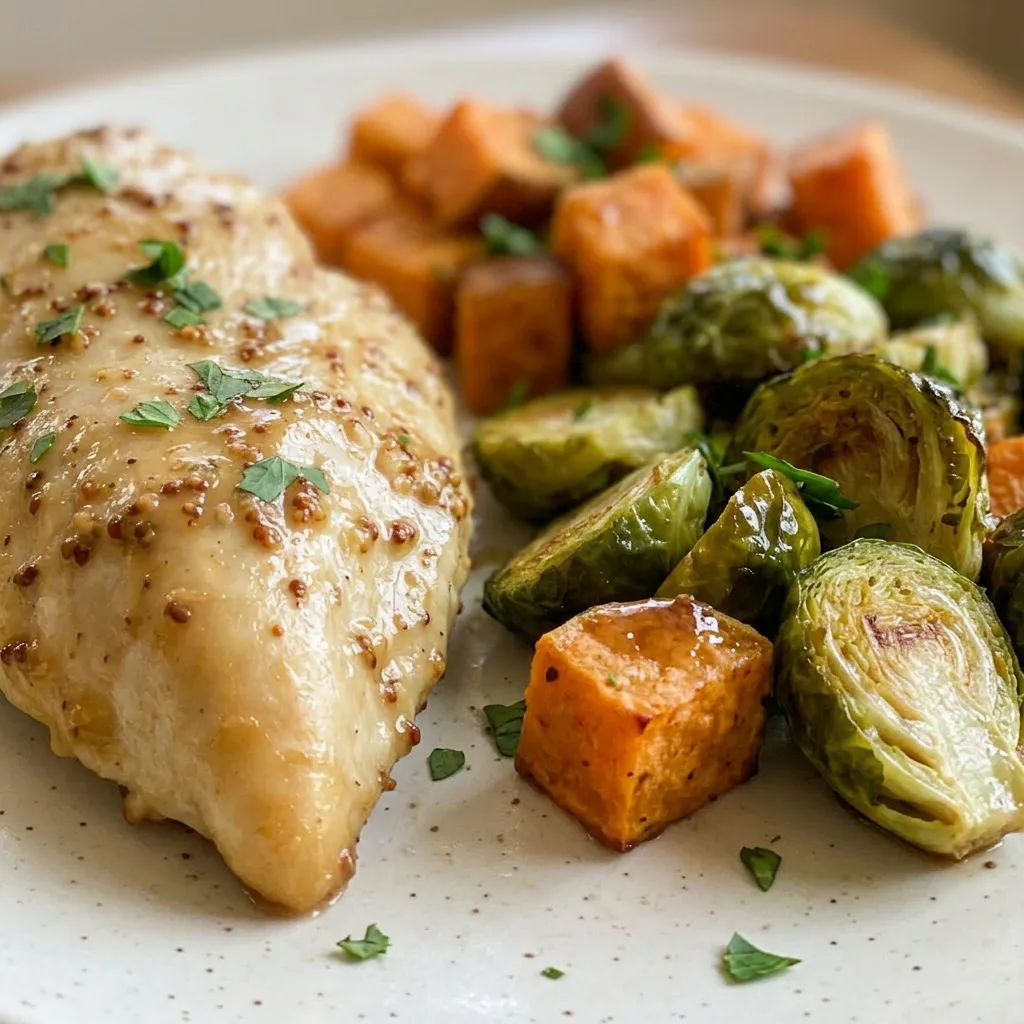 Macro detail of chicken breast glistening with honey-Dijon sauce, caramelized Brussels sprout halves, and fork-tender sweet potato.