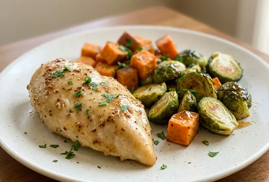 Top-down look at sliced chicken breast with golden honey-Dijon glaze, roasted Brussels sprouts, and sweet potato cubes.