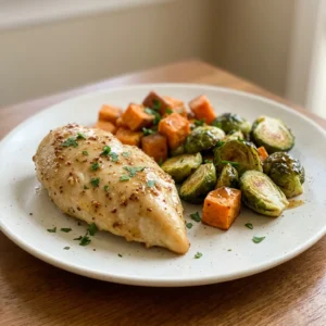 Top-down look at sliced chicken breast with golden honey-Dijon glaze, roasted Brussels sprouts, and sweet potato cubes.