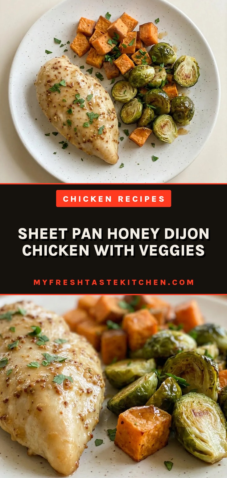 Top-down look at sliced chicken breast with golden honey-Dijon glaze, roasted Brussels sprouts, and sweet potato cubes.