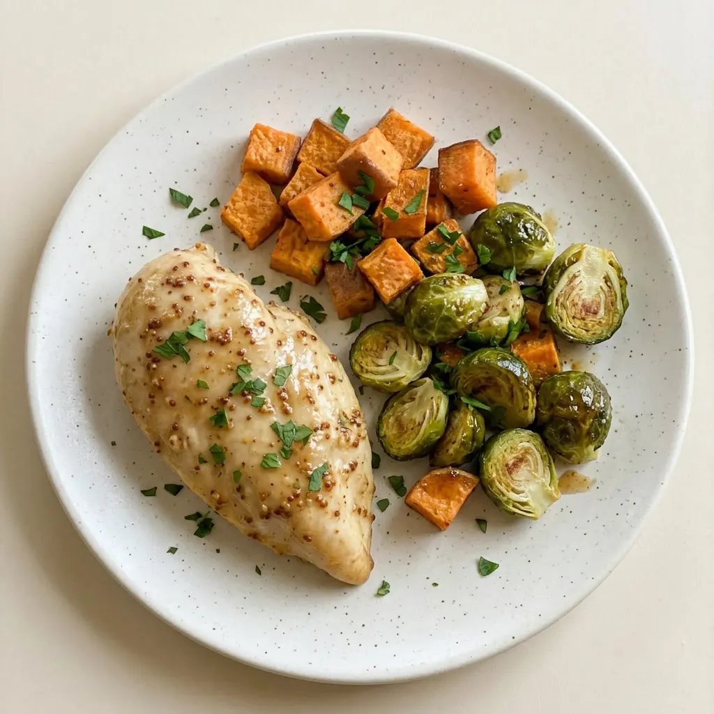 A serving of honey-Dijon glazed chicken breast alongside roasted Brussels sprouts and sweet potato wedges.