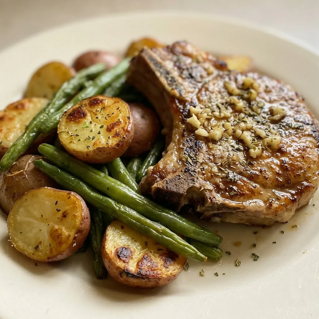 Close view of a pork chop topped with a lemon slice and garlic, with green beans and potatoes beside it.