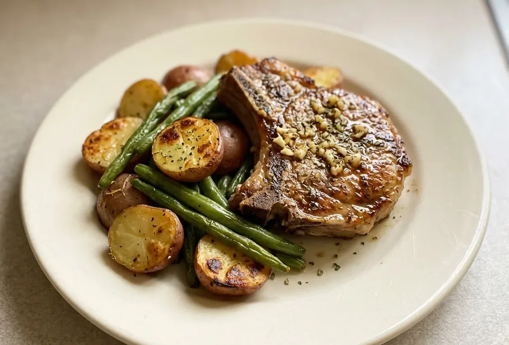 Overhead shot of two pork chops with lemon slices and garlic cloves, surrounded by baby potatoes and green beans.