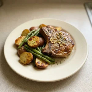 Overhead shot of two pork chops with lemon slices and garlic cloves, surrounded by baby potatoes and green beans.