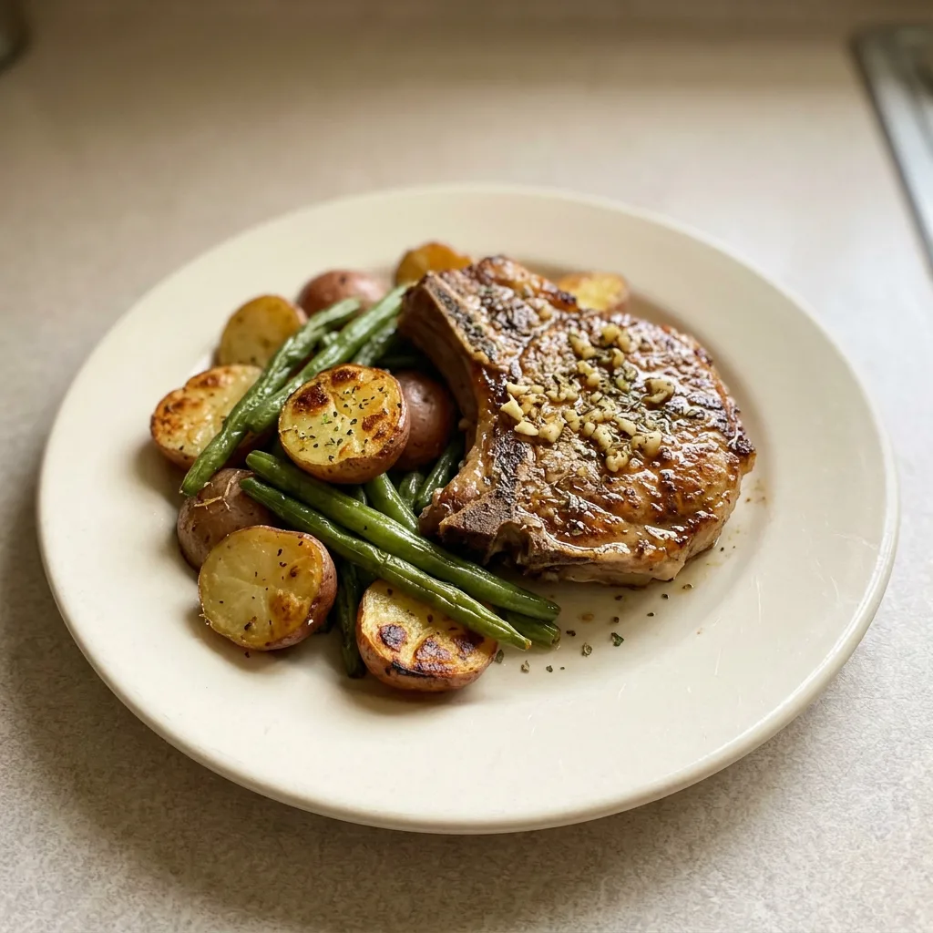 Overhead shot of two pork chops with lemon slices and garlic cloves, surrounded by baby potatoes and green beans.