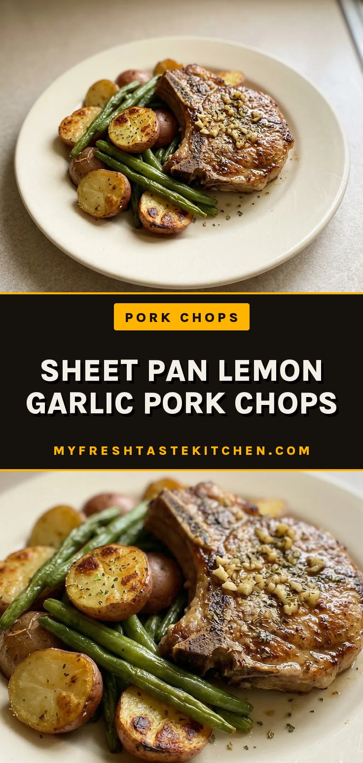 Overhead shot of two pork chops with lemon slices and garlic cloves, surrounded by baby potatoes and green beans.