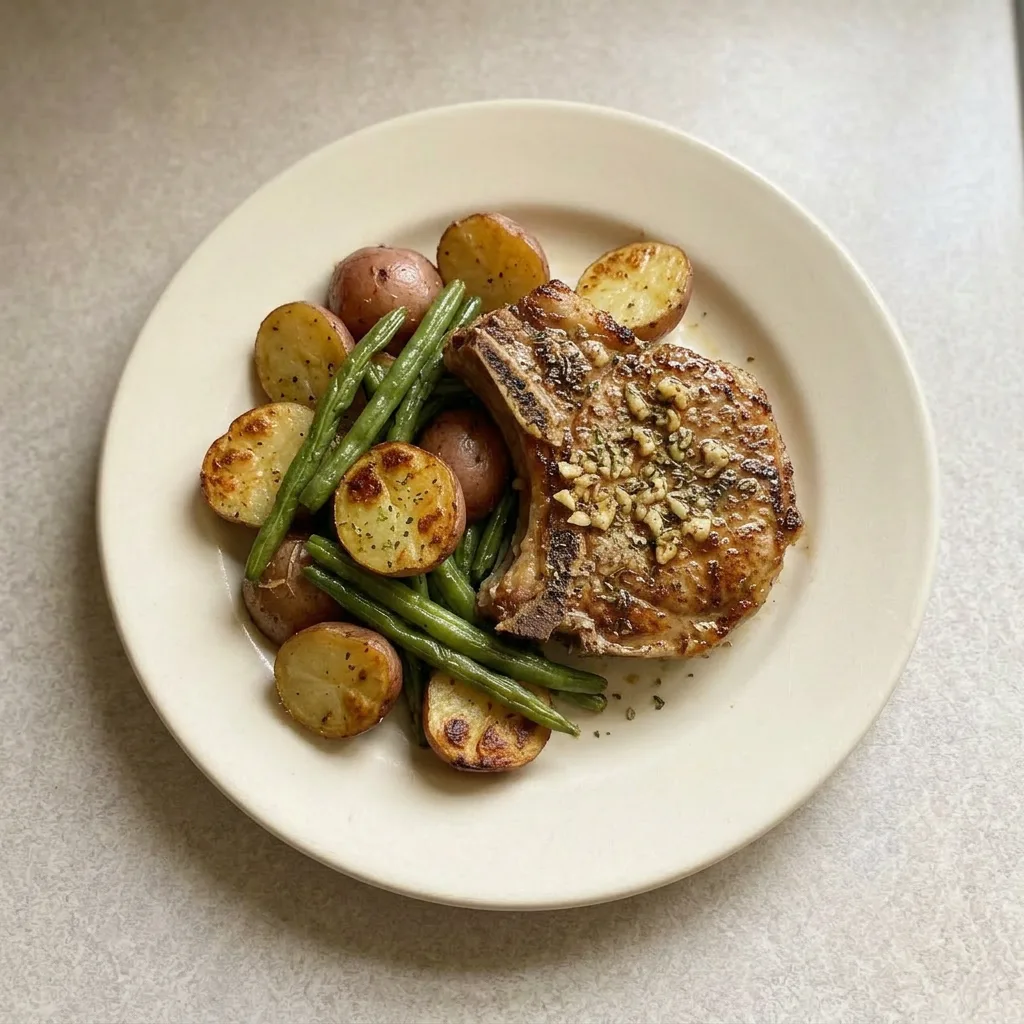 Plated pork chop with lemon and garlic, accompanied by roasted baby potatoes and green beans.