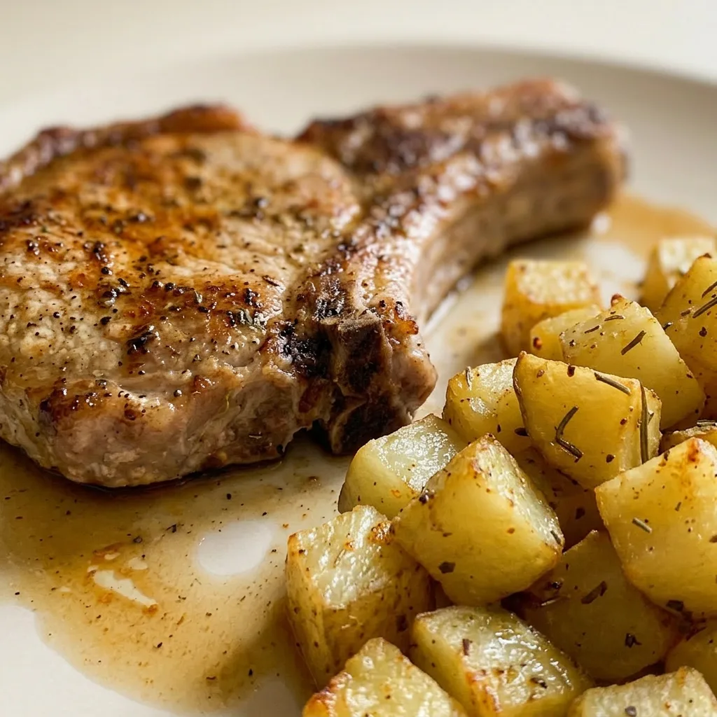 Zoomed in on a seared pork chop topped with butter, herbs, and paprika, with crispy potato wedges.