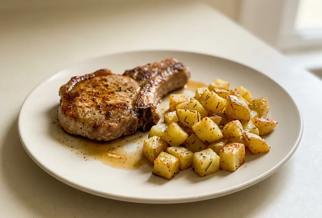Bird's-eye view of two pork chops with roasted potato wedges, garnished with rosemary and thyme.