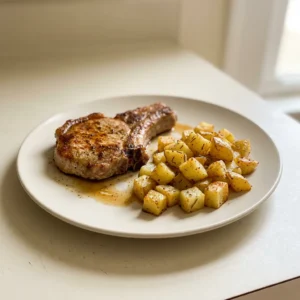Bird's-eye view of two pork chops with roasted potato wedges, garnished with rosemary and thyme.