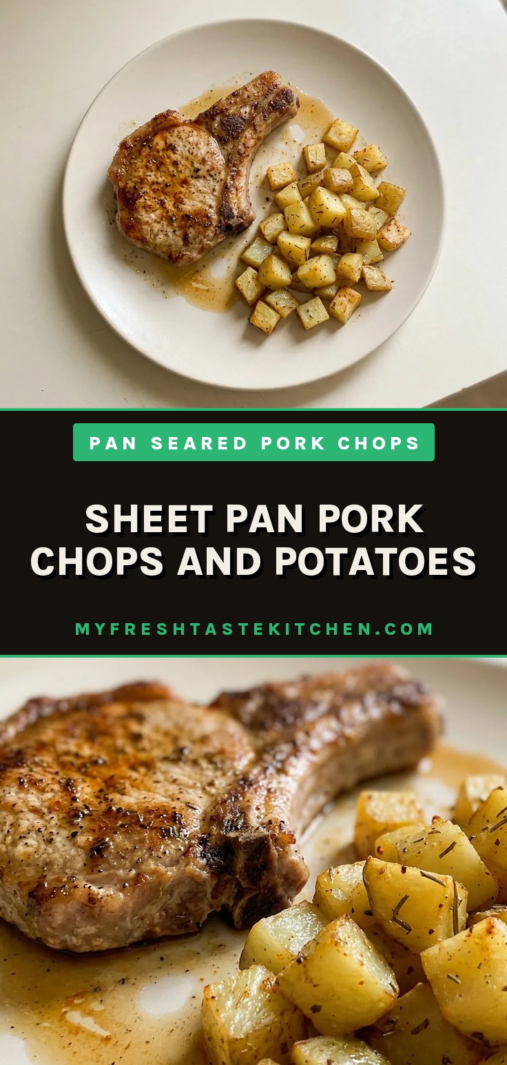 Bird's-eye view of two pork chops with roasted potato wedges, garnished with rosemary and thyme.