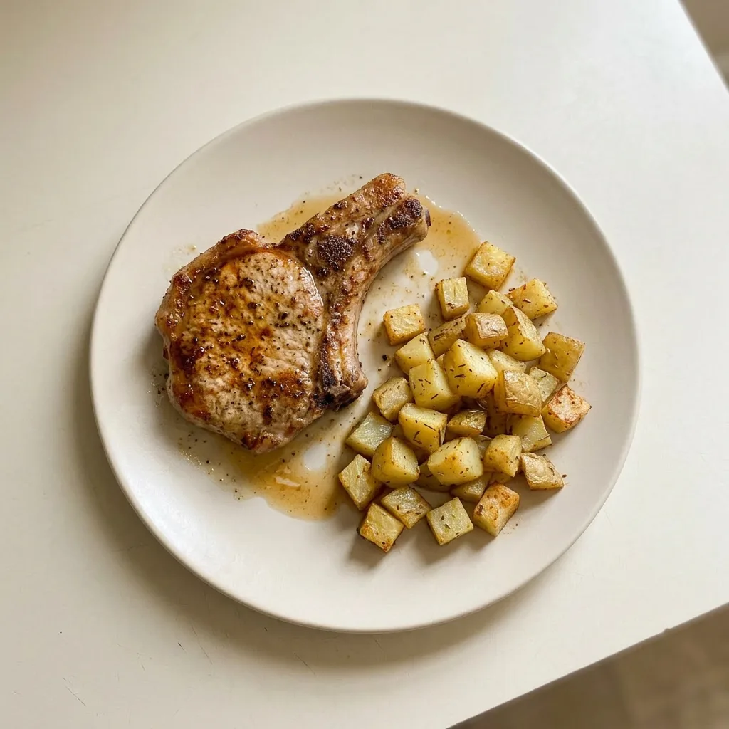 Ready to serve: pork chops and potatoes drizzled with olive oil, seasoned with garlic powder and paprika.