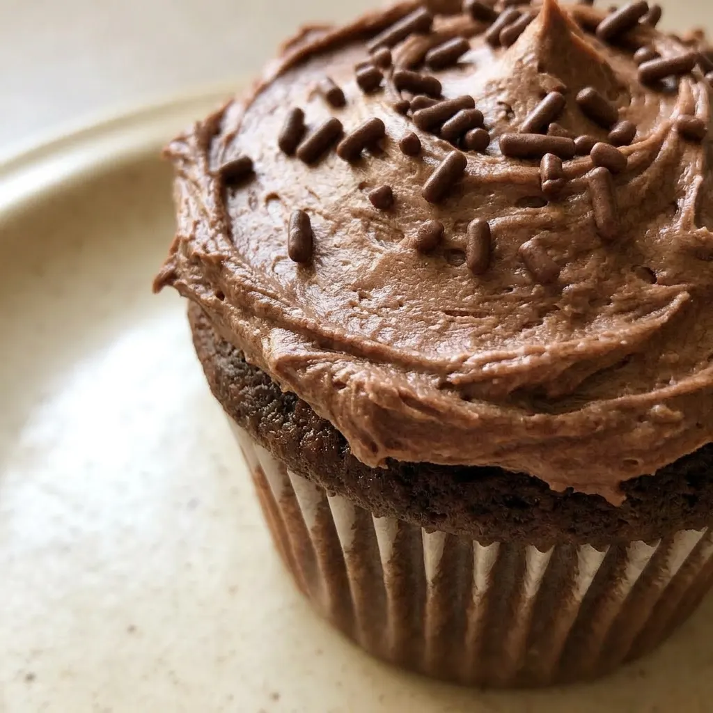Zoomed in on a chocolate cupcake with glossy buttercream and visible cocoa specks.