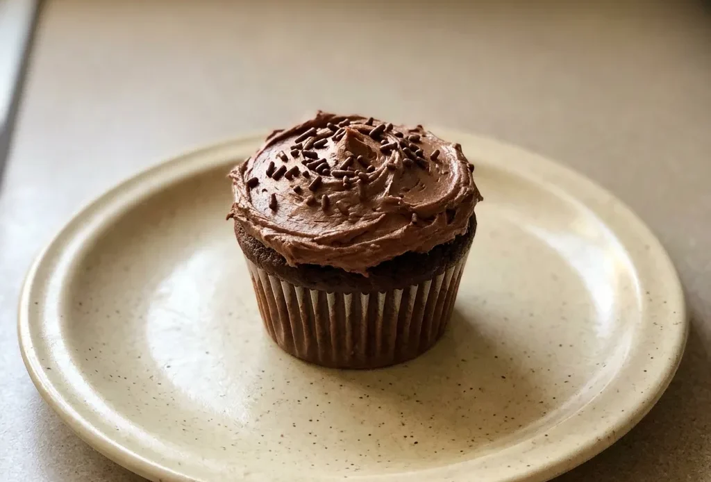 Bird's-eye view of a single chocolate cupcake with chocolate buttercream and cocoa powder dusting.