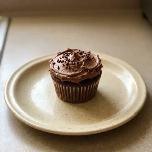 Bird's-eye view of a single chocolate cupcake with chocolate buttercream and cocoa powder dusting.