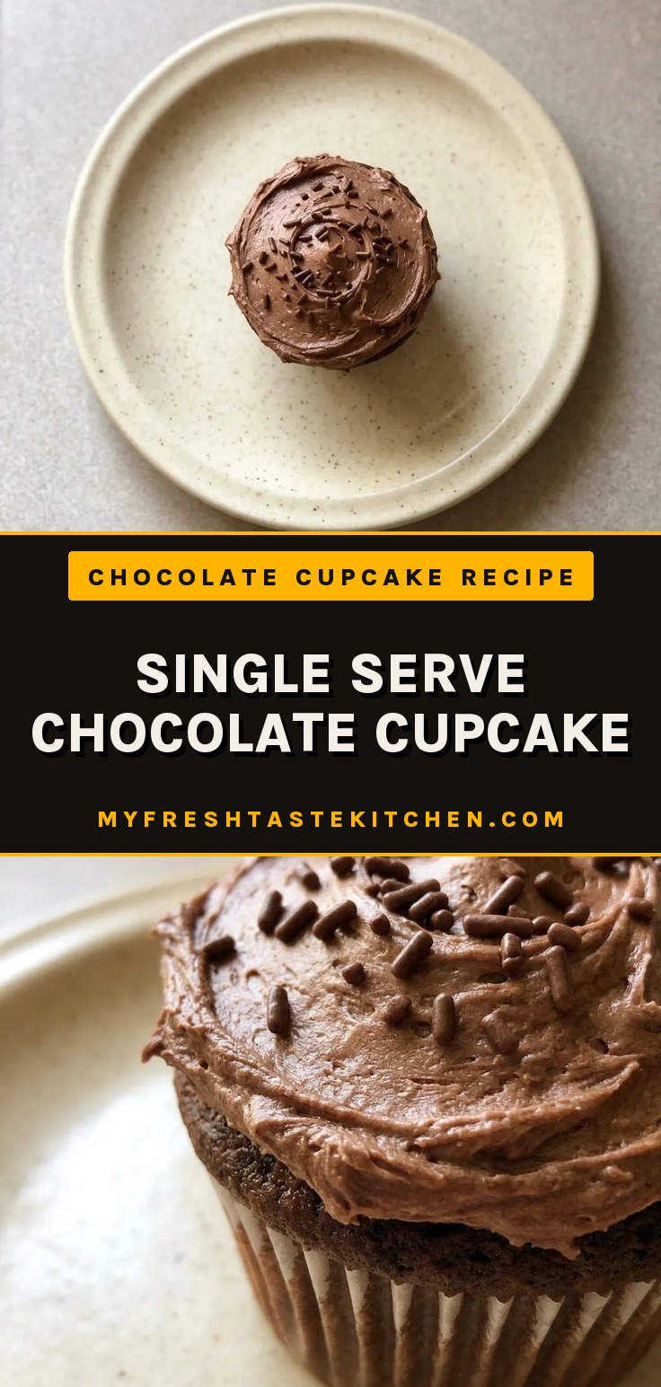 Bird's-eye view of a single chocolate cupcake with chocolate buttercream and cocoa powder dusting.