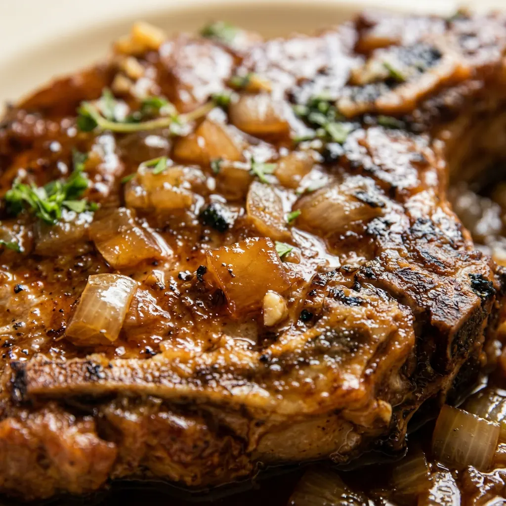 Up close, a pork chop with balsamic reduction, Dijon mustard streaks, and a sprinkle of brown sugar visible.