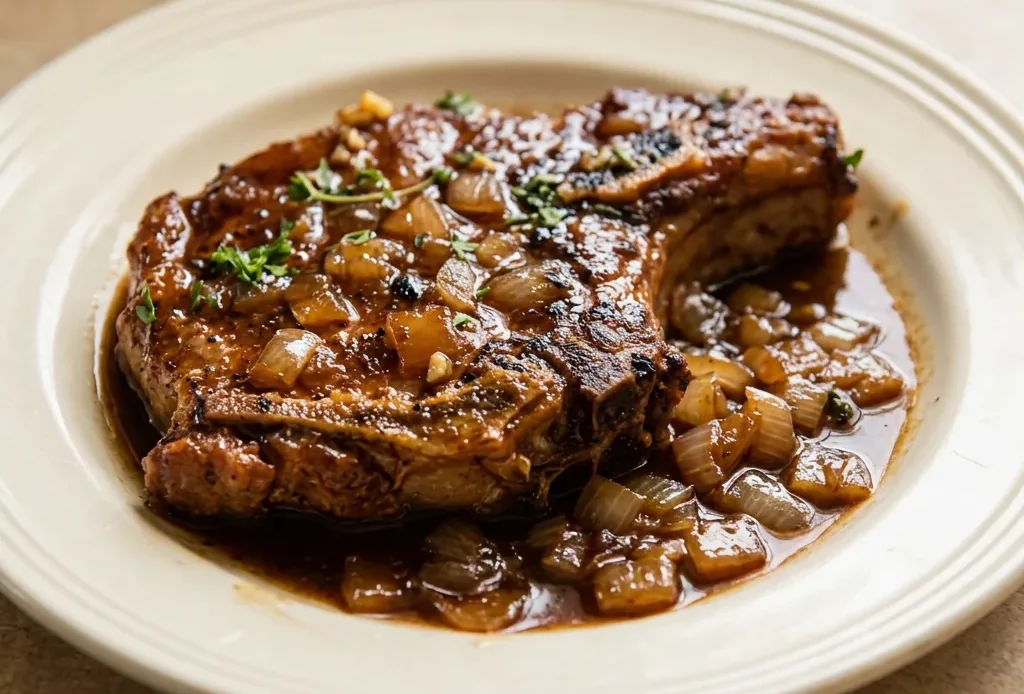 Looking down at two pork chops with balsamic glaze, topped with caramelized onions and thyme sprigs.