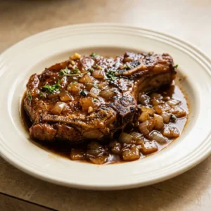 Looking down at two pork chops with balsamic glaze, topped with caramelized onions and thyme sprigs.