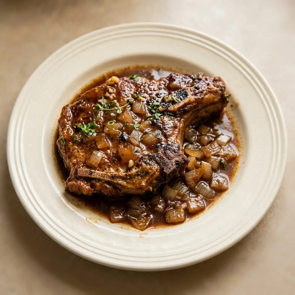 A plate of pork chops with balsamic and Worcestershire sauce, garnished with garlic cloves and thyme.